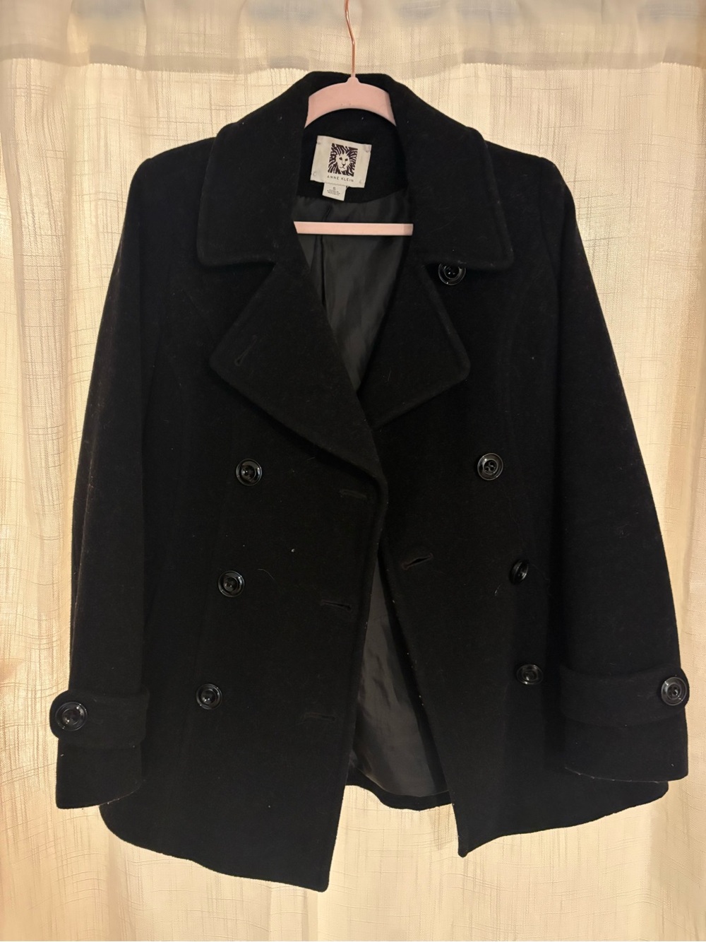 Anne Klein Black Double-Breasted Wool Blend Peacoat